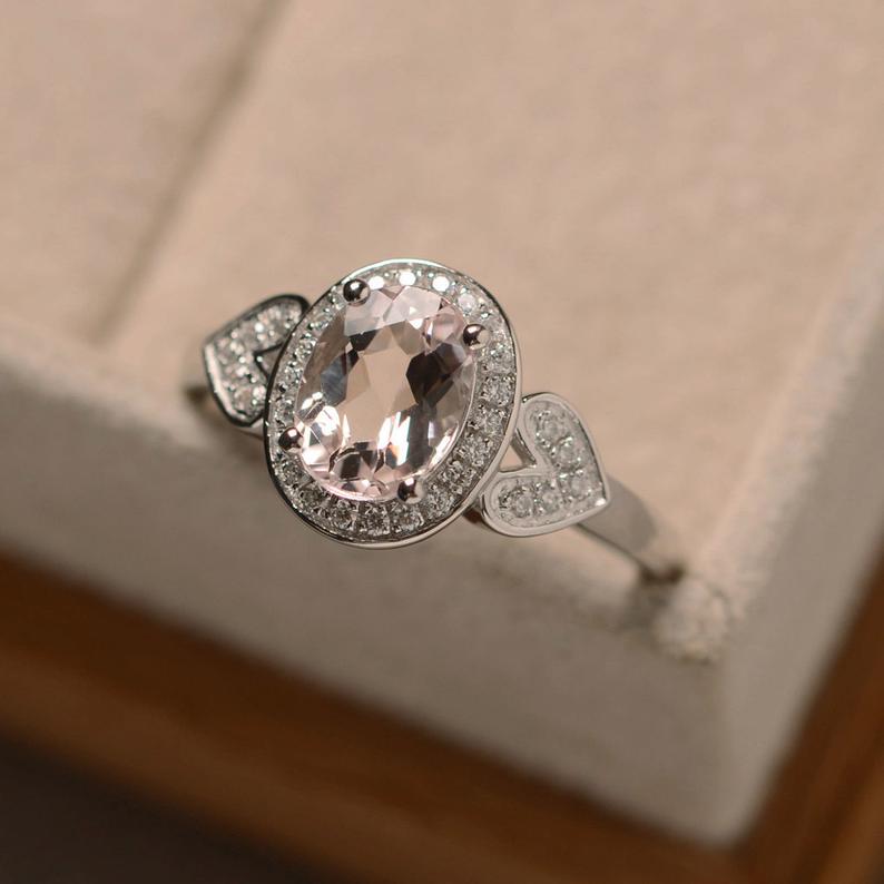 2.25 Ct Oval Cut Peach Morganite Halo Engagement Ring In 925 Sterling Silver