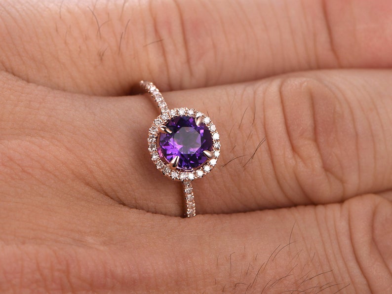 1 CT Round Cut Amethyst Diamond Rose Gold Over On 925 Sterling Silver Halo Engagement Ring