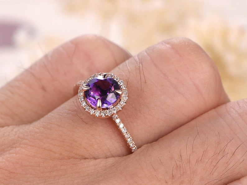 1 CT Round Cut Amethyst Diamond Rose Gold Over On 925 Sterling Silver Halo Engagement Ring