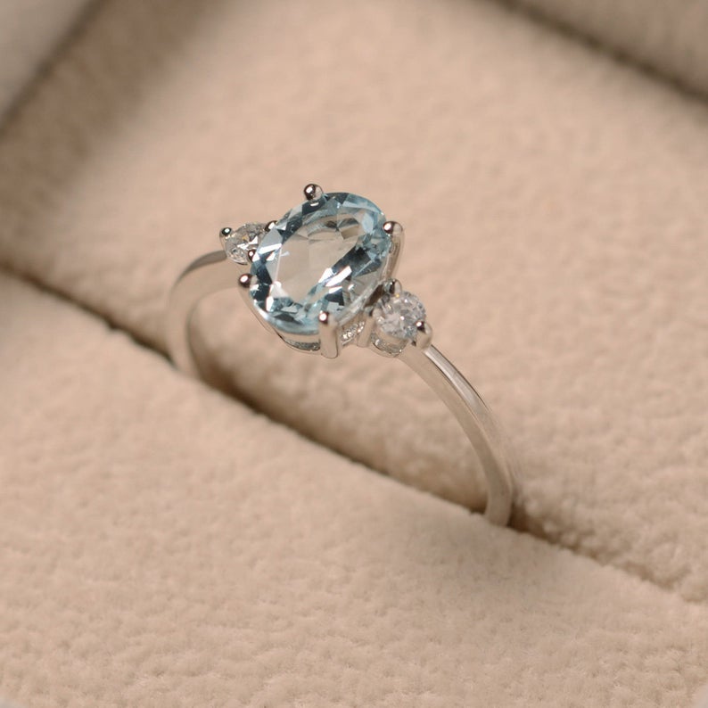1.20 Ct Oval Cut Aquamarine & White CZ 925 Sterling Silver Three-Stone Promise Ring
