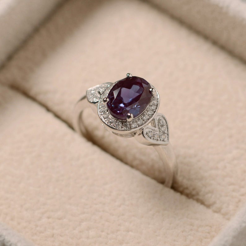 2.50 Ct Oval Cut Purple Alexandrite 925 Sterling Silver Halo Engagement Ring For Her