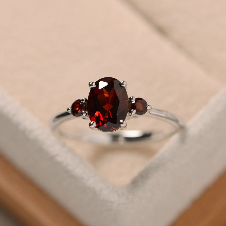 2 Ct Oval & Round Cut Red Garnet 925 Sterling Silver Three-Stone Promise Ring