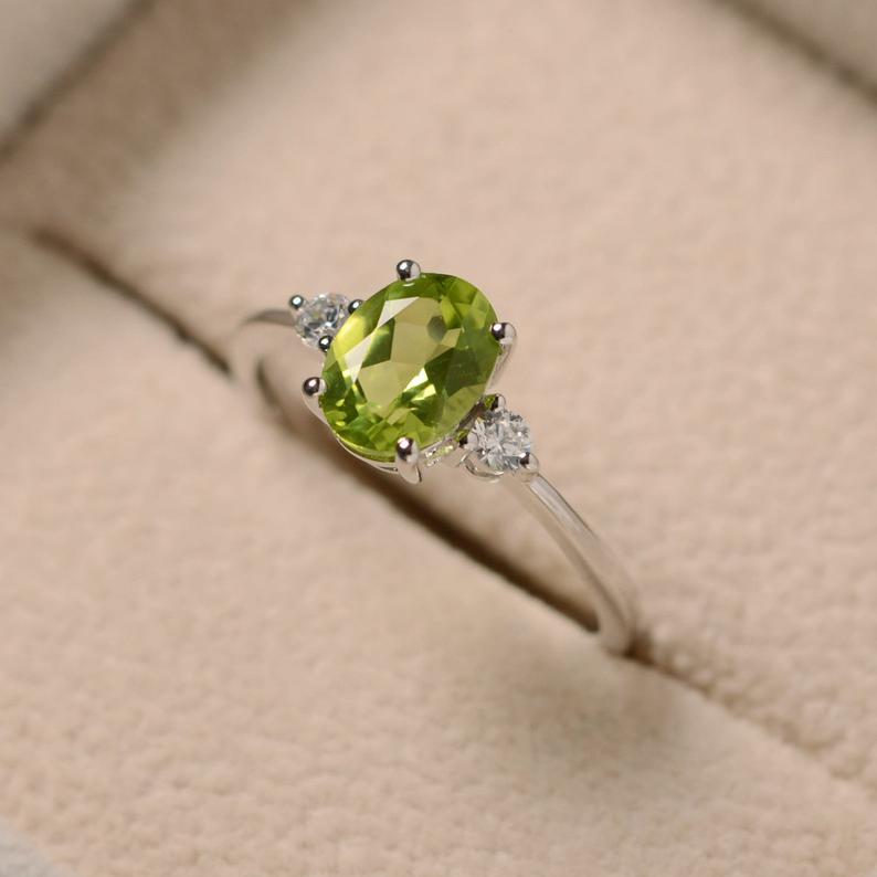 1.20 Ct Oval Cut Green Peridot & Round Cz 925 Sterling Silver Three-Stone Promise Ring