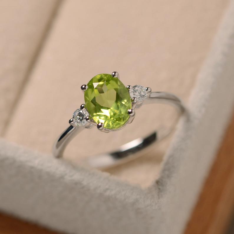 1.20 Ct Oval Cut Green Peridot & Round Cz 925 Sterling Silver Three-Stone Promise Ring