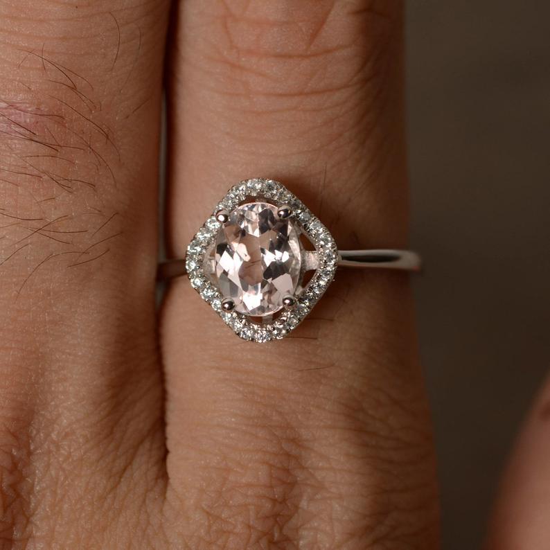 1.75 Ct Oval Cut Morganite 925 Sterling Silver Halo Diamond Engagement Ring