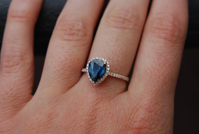 Peacock Blue Sapphire Diamond 925 Sterling Silver 2.5 CT Pear Cut Halo Engagement Ring