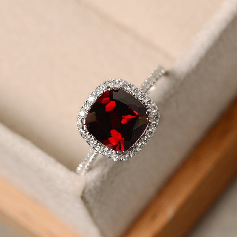 2.25 Ct Cushion Cut Red Garnet White Gold Over On 925 Sterling Silver Halo Engagement Ring