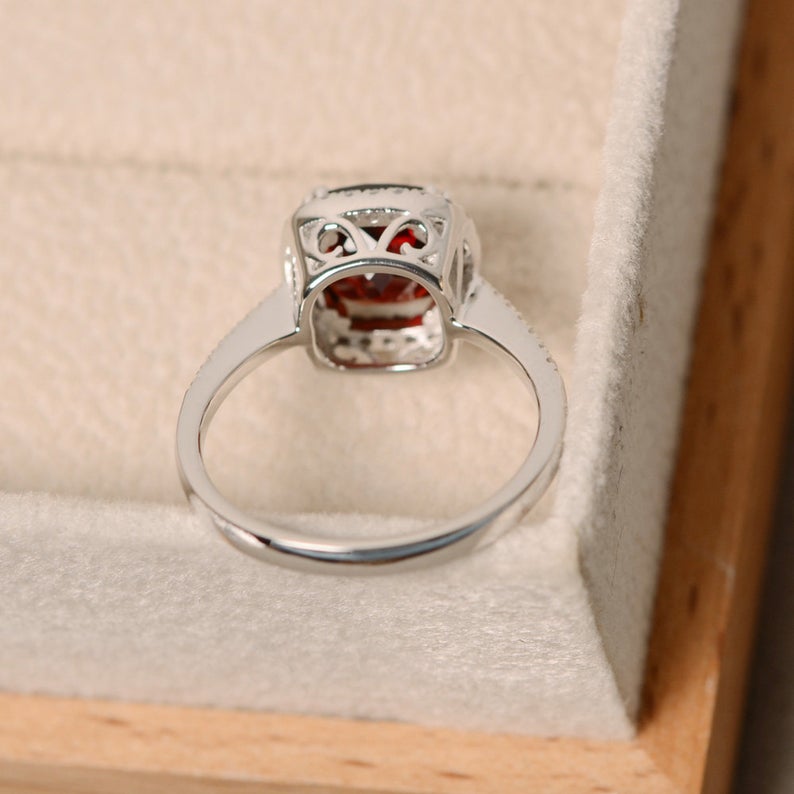 2.25 Ct Cushion Cut Red Garnet White Gold Over On 925 Sterling Silver Halo Engagement Ring