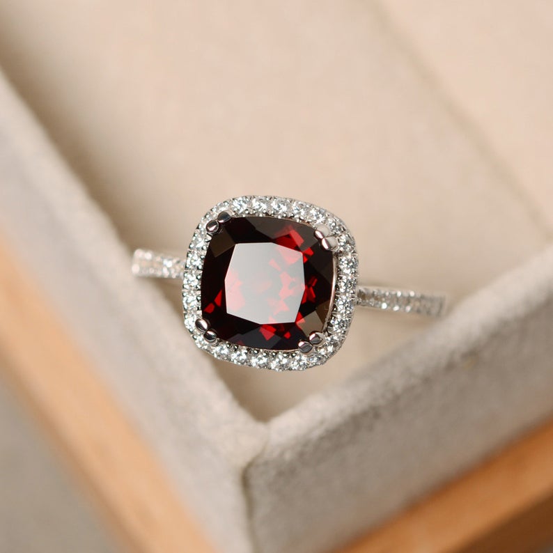 2.25 Ct Cushion Cut Red Garnet White Gold Over On 925 Sterling Silver Halo Engagement Ring