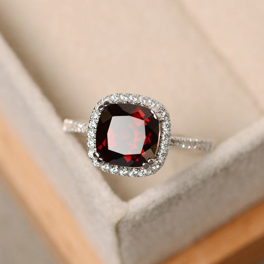 2.25 Ct Cushion Cut Red Garnet White Gold Over On 925 Sterling Silver Halo Engagement Ring
