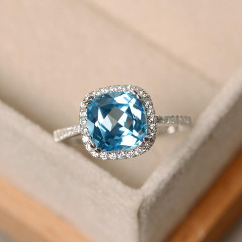 2.25 Ct Cushion Cut Blue Topaz 925 Sterling Silver Halo Engagement Ring In 925 Sterling Silver