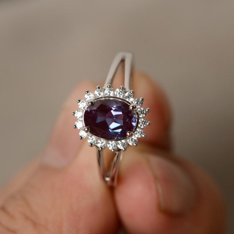 1.75 Ct Oval Cut Alexandrite 925 Sterling Silver Split Shank Halo Engagement Ring