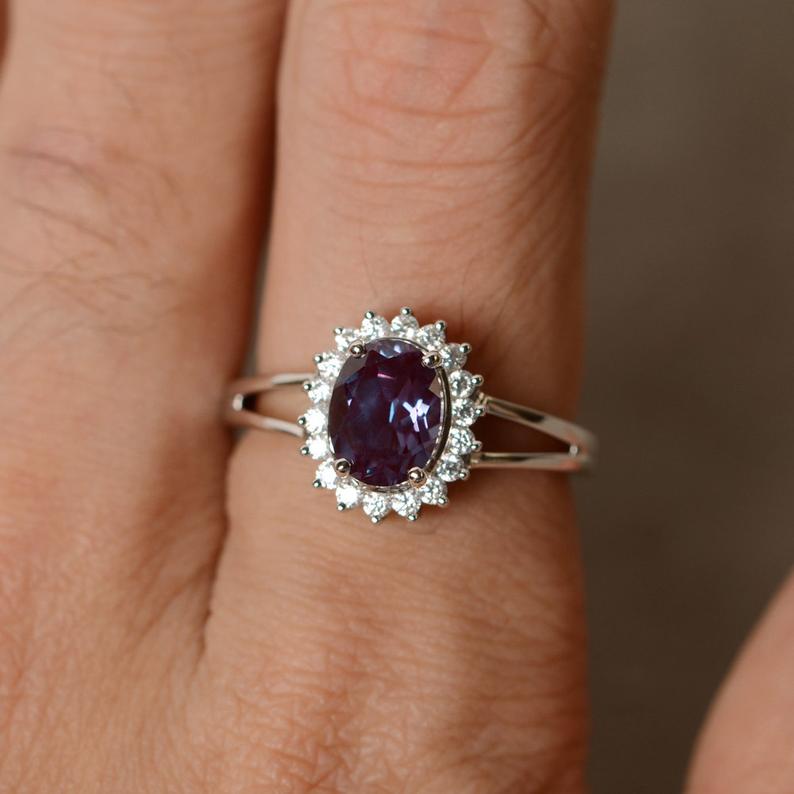 1.75 Ct Oval Cut Alexandrite 925 Sterling Silver Split Shank Halo Engagement Ring