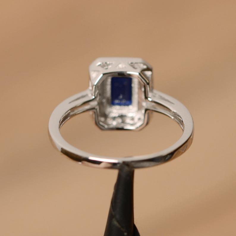 2.10 Ct Emerald Cut Blue Sapphire 925 Sterling Silver Halo Engagement Wedding Ring