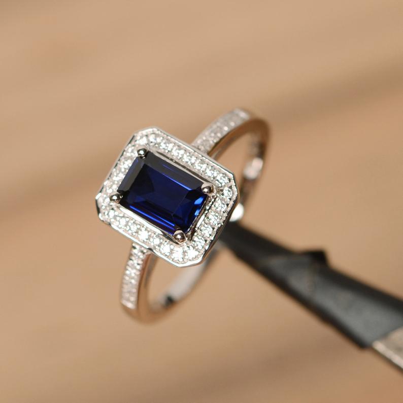 2.10 Ct Emerald Cut Blue Sapphire 925 Sterling Silver Halo Engagement Wedding Ring