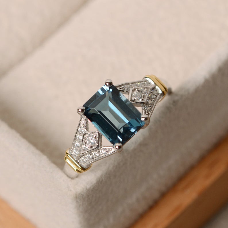 2.75 Ct Emerald Cut London Blue Topaz Two Tone 925 Sterling Silver Solitaire W/Accents Wedding Ring
