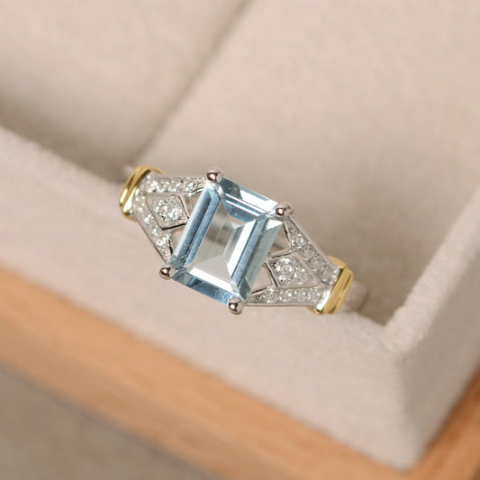 3.50 Ct Emerald Cut Aquamarine Two Tone 925 Sterling Silver Solitaire W/Accents Wedding Ring