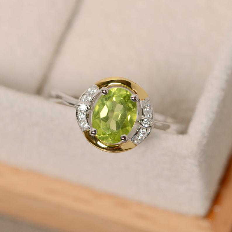 1.50 Ct Oval Cut Green Peridot Diamond Two-Tone On 925 Sterling Silver Unique August Birthstone Ring