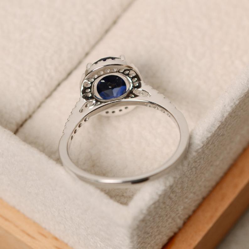2 CT Oval Cut Blue Sapphire Diamond 925 Sterling Sliver Halo Engagement Ring