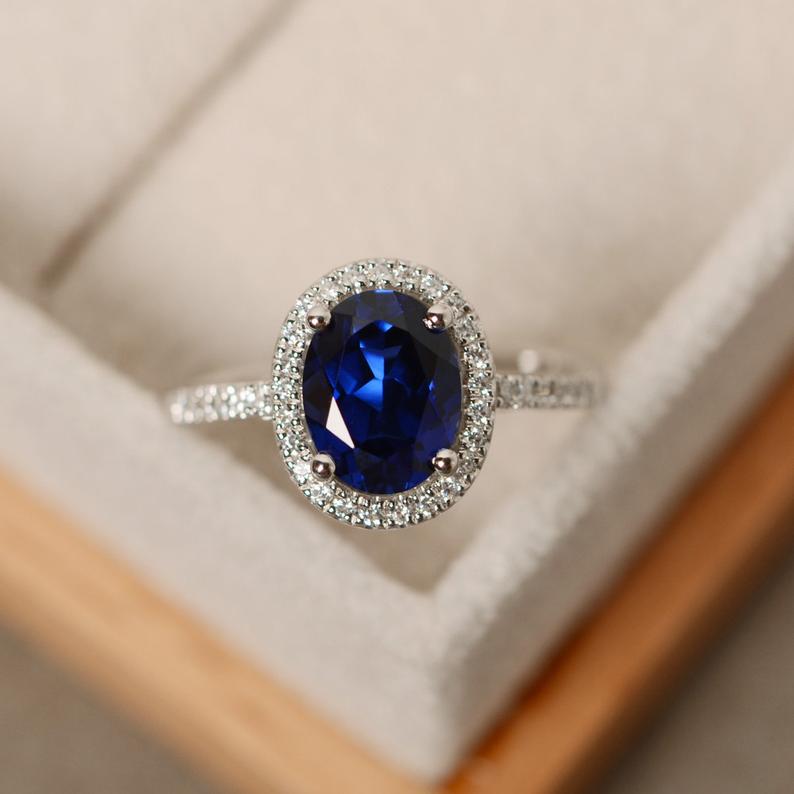 2 CT Oval Cut Blue Sapphire Diamond 925 Sterling Sliver Halo Engagement Ring