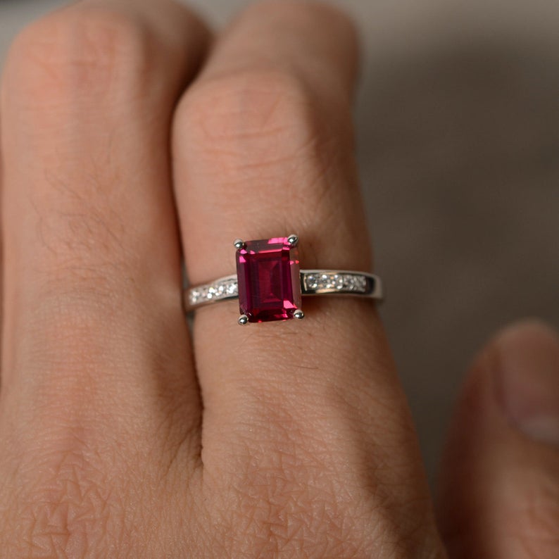 1.50 Ct Emerald Cut Red Ruby 925 Sterling Silver Solitaire W/Accents Promise Gift ring