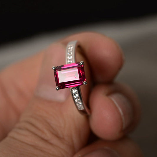 1.50 Ct Emerald Cut Red Ruby 925 Sterling Silver Solitaire W/Accents Promise Gift ring