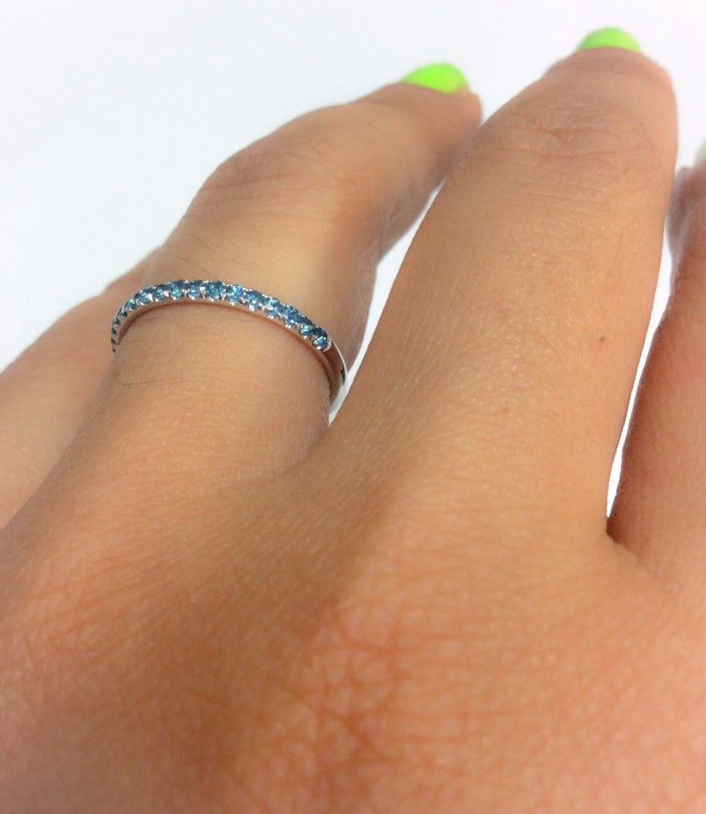1.20 CT Round Cut London Blue Topaz White Gold Over On 925 Sterling Silver Half Eternity Band Ring