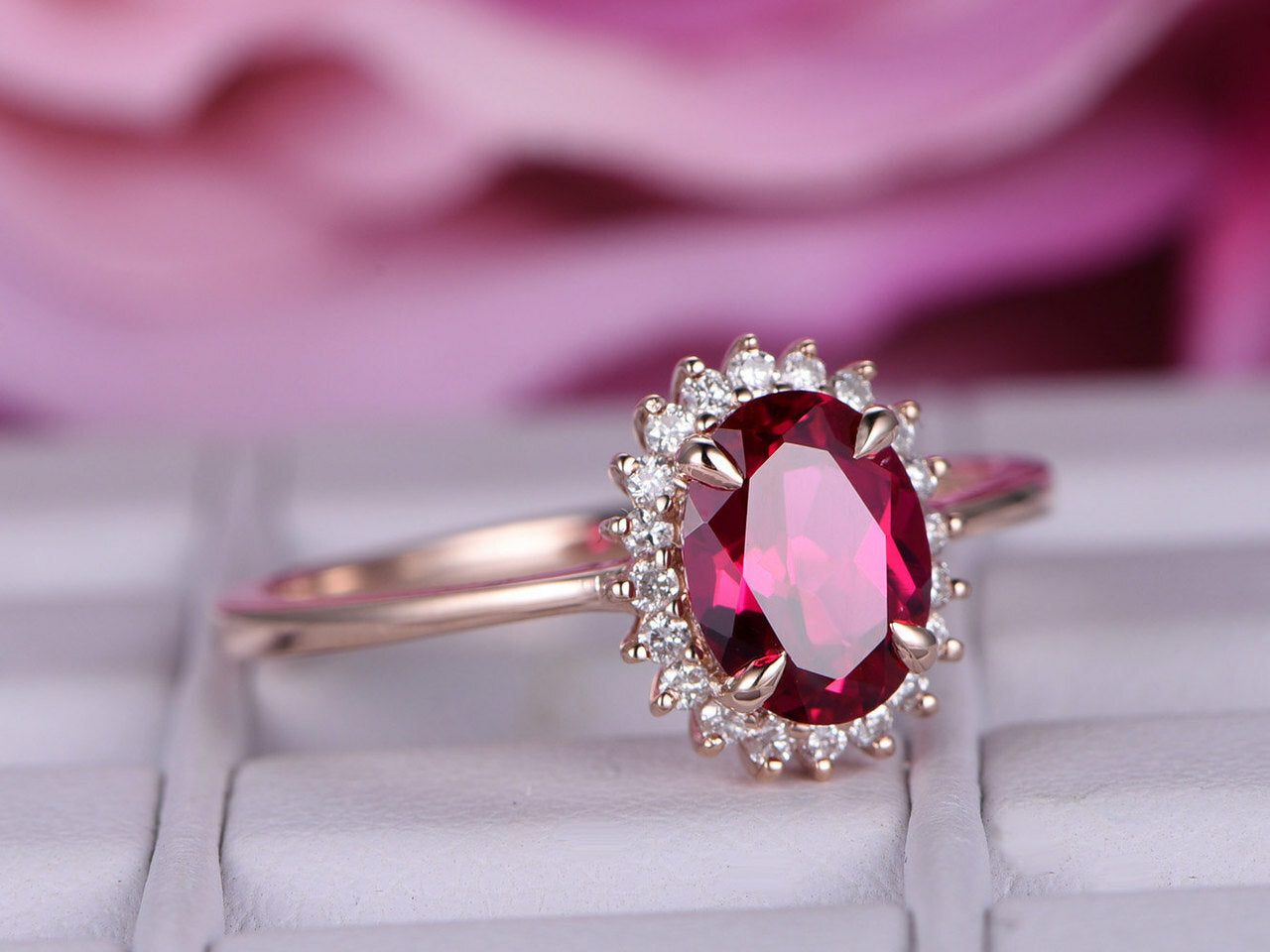 2.20 Ct Oval Cut Red Ruby Rose Gold Over On 925 Sterling Silver Halo Anniversary Gift Ring For Her - atjewels.in