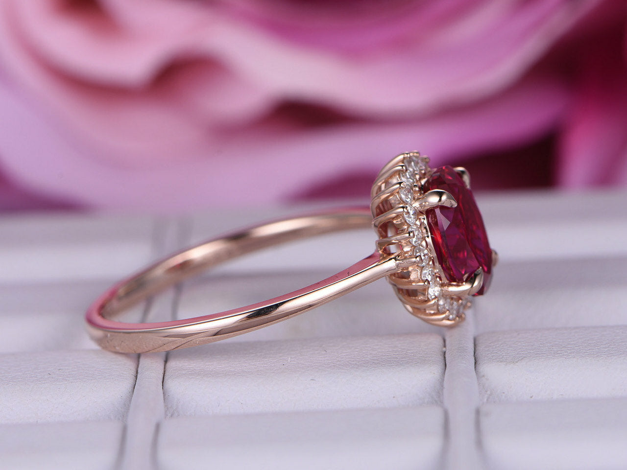 2.20 Ct Oval Cut Red Ruby Rose Gold Over On 925 Sterling Silver Halo Anniversary Gift Ring For Her - atjewels.in