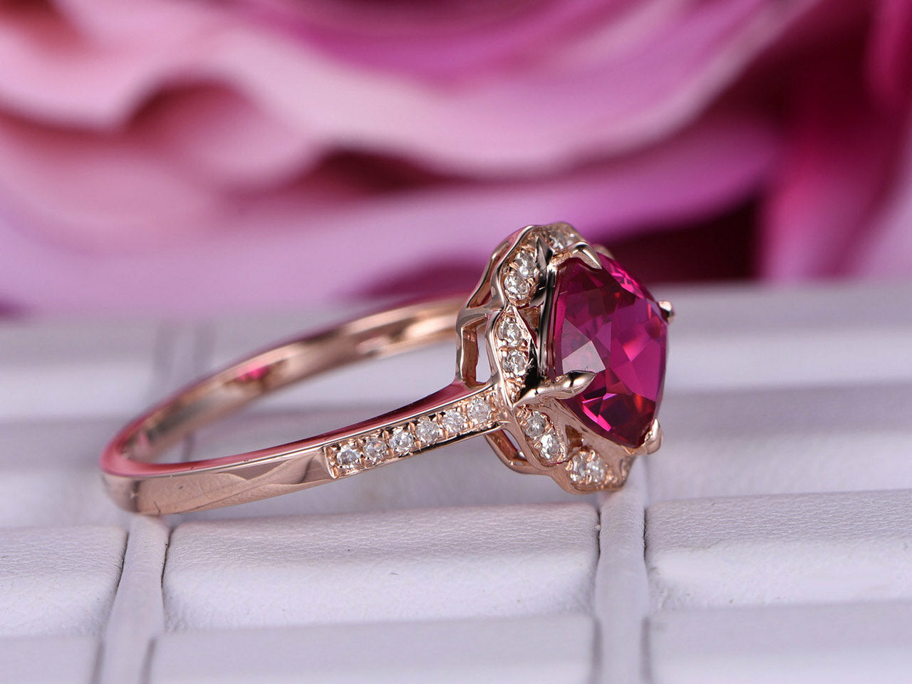 2.25 Ct Cushion Cut Pink Ruby Rose Gold Over On 925 Sterling Silver Floral Engagement Ring