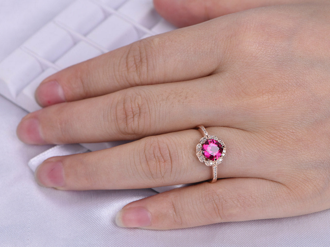2.25 Ct Cushion Cut Pink Ruby Rose Gold Over On 925 Sterling Silver Floral Engagement Ring