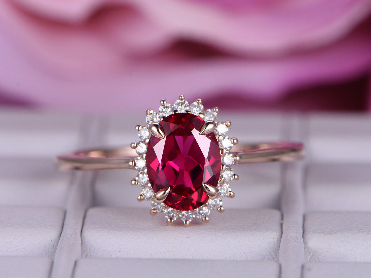 2.20 Ct Oval Cut Red Ruby Rose Gold Over On 925 Sterling Silver Halo Anniversary Gift Ring For Her - atjewels.in