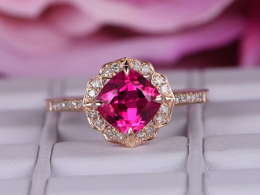 2.25 Ct Cushion Cut Pink Ruby Rose Gold Over On 925 Sterling Silver Floral Engagement Ring