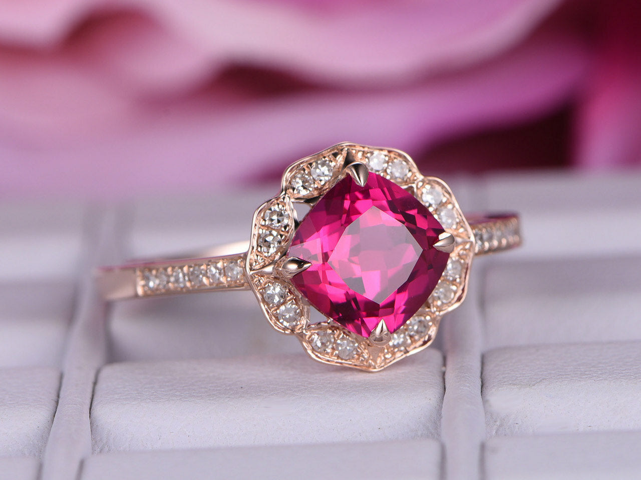 2.25 Ct Cushion Cut Pink Ruby Rose Gold Over On 925 Sterling Silver Floral Engagement Ring