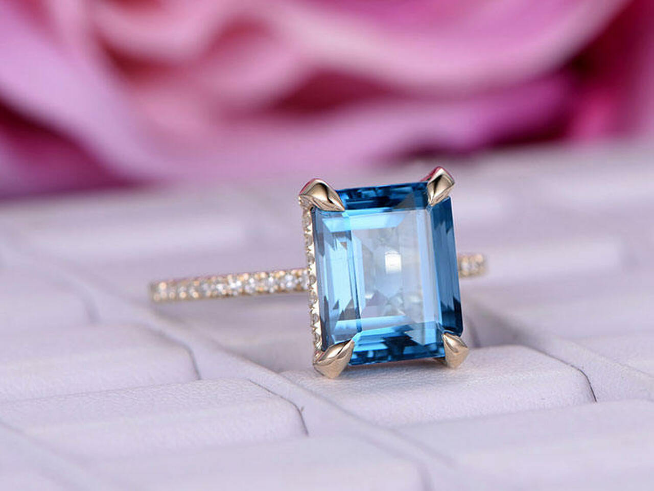 2.50 Ct Emerald Cut Blue Topaz Yellow Gold Over On 925 Sterling Silver Solitaire W/Accents Wedding Ring