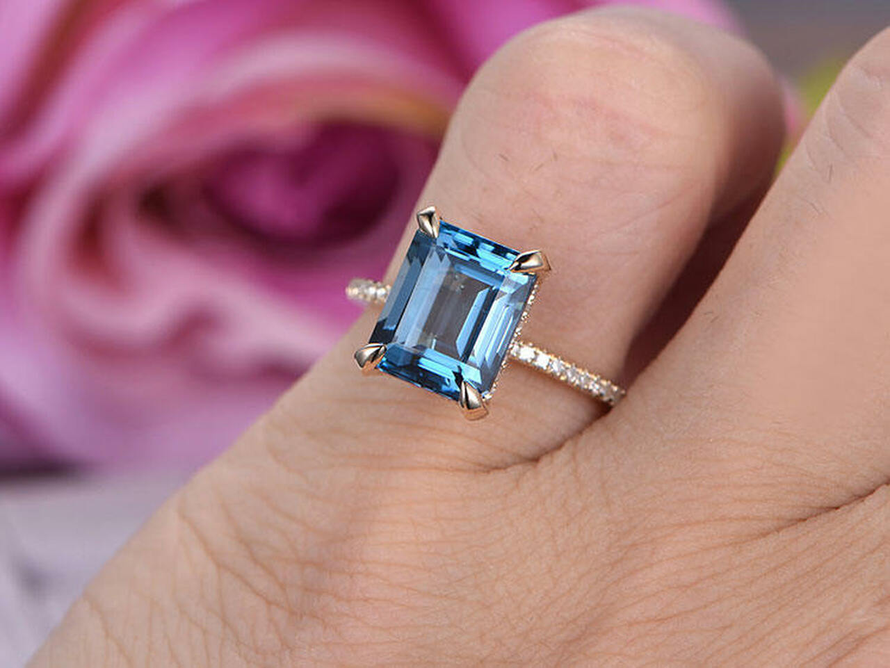 2.50 Ct Emerald Cut Blue Topaz Yellow Gold Over On 925 Sterling Silver Solitaire W/Accents Wedding Ring