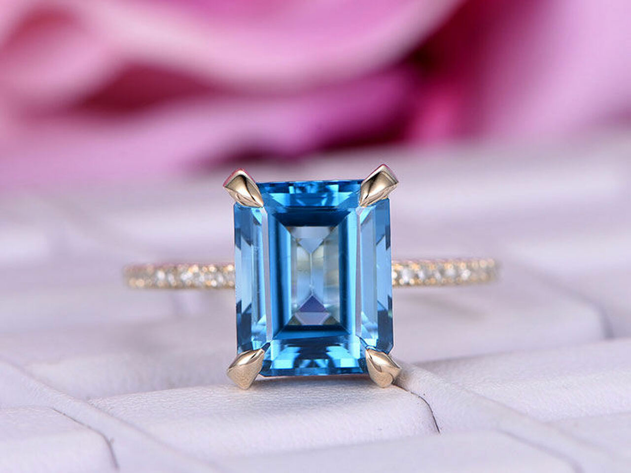 2.50 Ct Emerald Cut Blue Topaz Yellow Gold Over On 925 Sterling Silver Solitaire W/Accents Wedding Ring