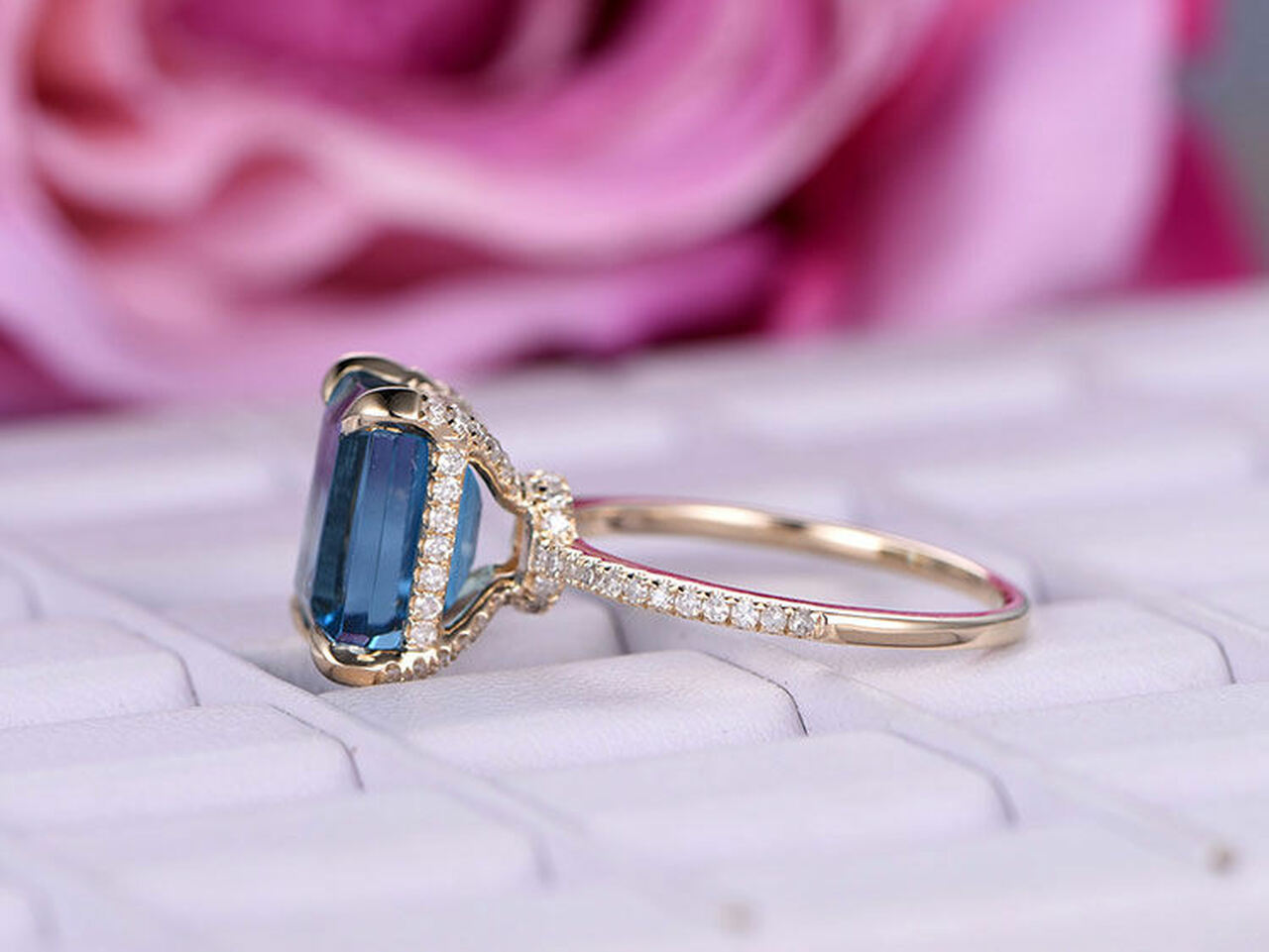 2.50 Ct Emerald Cut Blue Topaz Yellow Gold Over On 925 Sterling Silver Solitaire W/Accents Wedding Ring