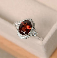 2.30 Ct Oval Cut Red Garnet 925 Sterling Silver Floral Engagement Ring