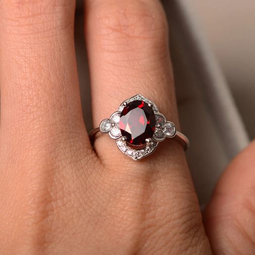 2.30 Ct Oval Cut Red Garnet 925 Sterling Silver Floral Engagement Ring