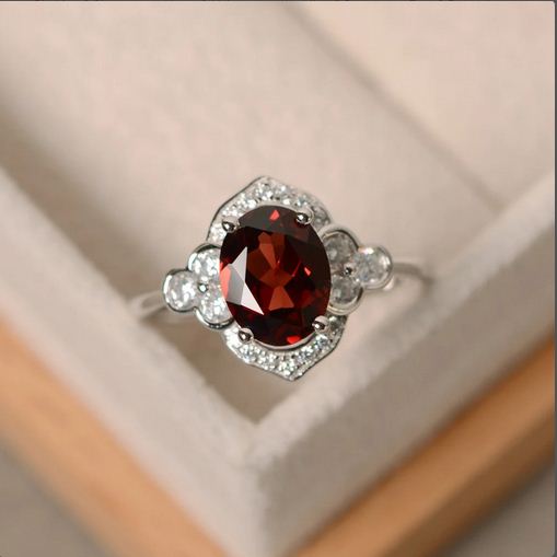 2.30 Ct Oval Cut Red Garnet 925 Sterling Silver Floral Engagement Ring