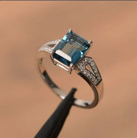 2.10 Ct Emerald Cut London Blue Topaz 925 Sterling Silver Solitaire W/Accents Wedding Ring