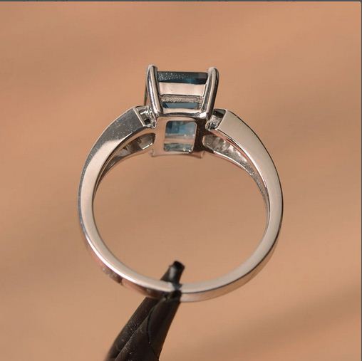 2.10 Ct Emerald Cut London Blue Topaz 925 Sterling Silver Solitaire W/Accents Wedding Ring