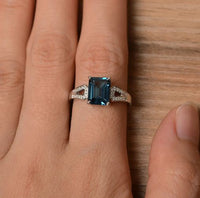 2.10 Ct Emerald Cut London Blue Topaz 925 Sterling Silver Solitaire W/Accents Wedding Ring