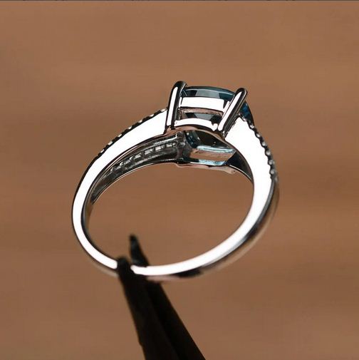 2.30 CT Cushion Cut London Blue Topaz 925 Sterling Silver Solitaire W/Accents Anniversary Ring