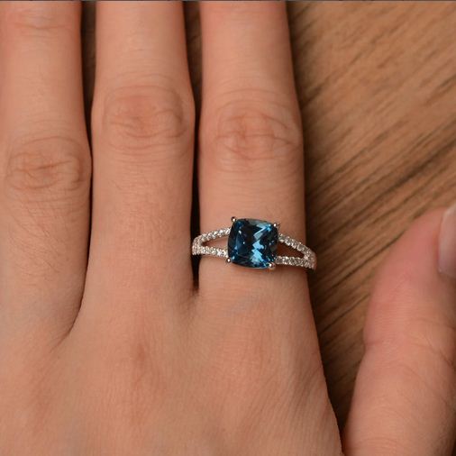 2.30 CT Cushion Cut London Blue Topaz 925 Sterling Silver Solitaire W/Accents Anniversary Ring