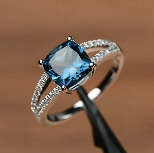 2.30 CT Cushion Cut London Blue Topaz 925 Sterling Silver Solitaire W/Accents Anniversary Ring