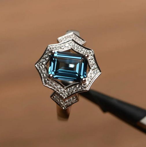 4.00 Ct Emerald Cut London Blue Topaz 925 Sterling Silver Halo Engagement Ring