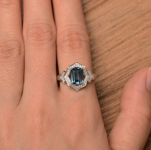 4.00 Ct Emerald Cut London Blue Topaz 925 Sterling Silver Halo Engagement Ring