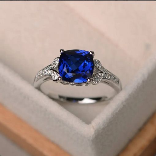 2.25 Ct Cushion Cut Blue Sapphire 925 Sterling Silver Solitaire W/Accents Wedding Ring